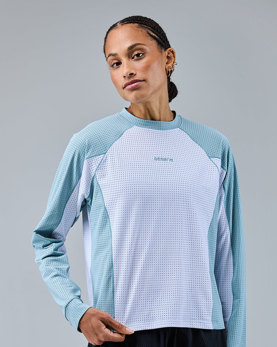 Airtex Mesh Long Sleeve Top — White/Washed Aqua