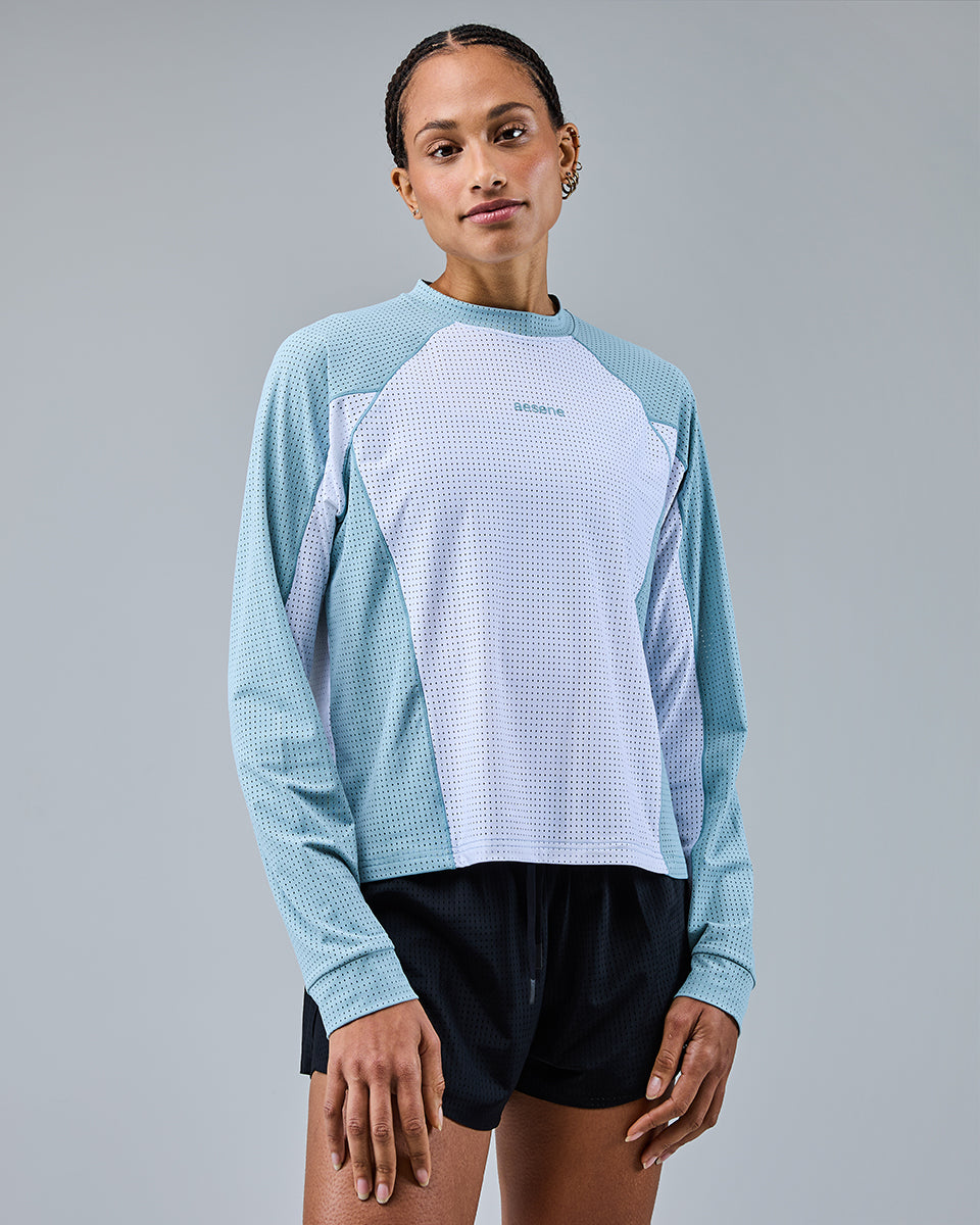 Airtex Mesh Long Sleeve Top — White/Washed Aqua