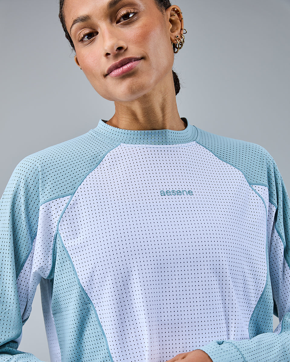 Airtex Mesh Long Sleeve Top — White/Washed Aqua