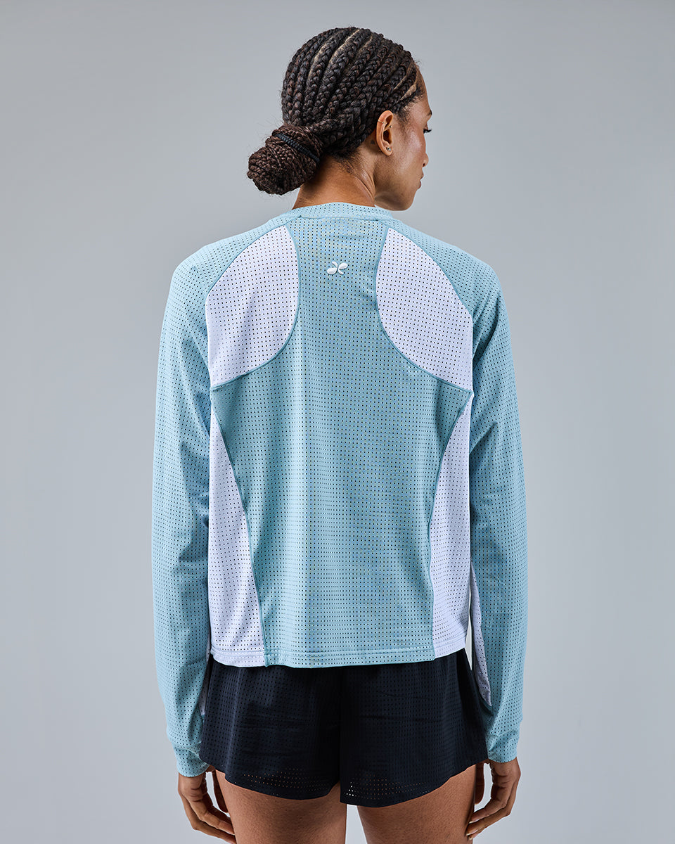 Airtex Mesh Long Sleeve Top — White/Washed Aqua