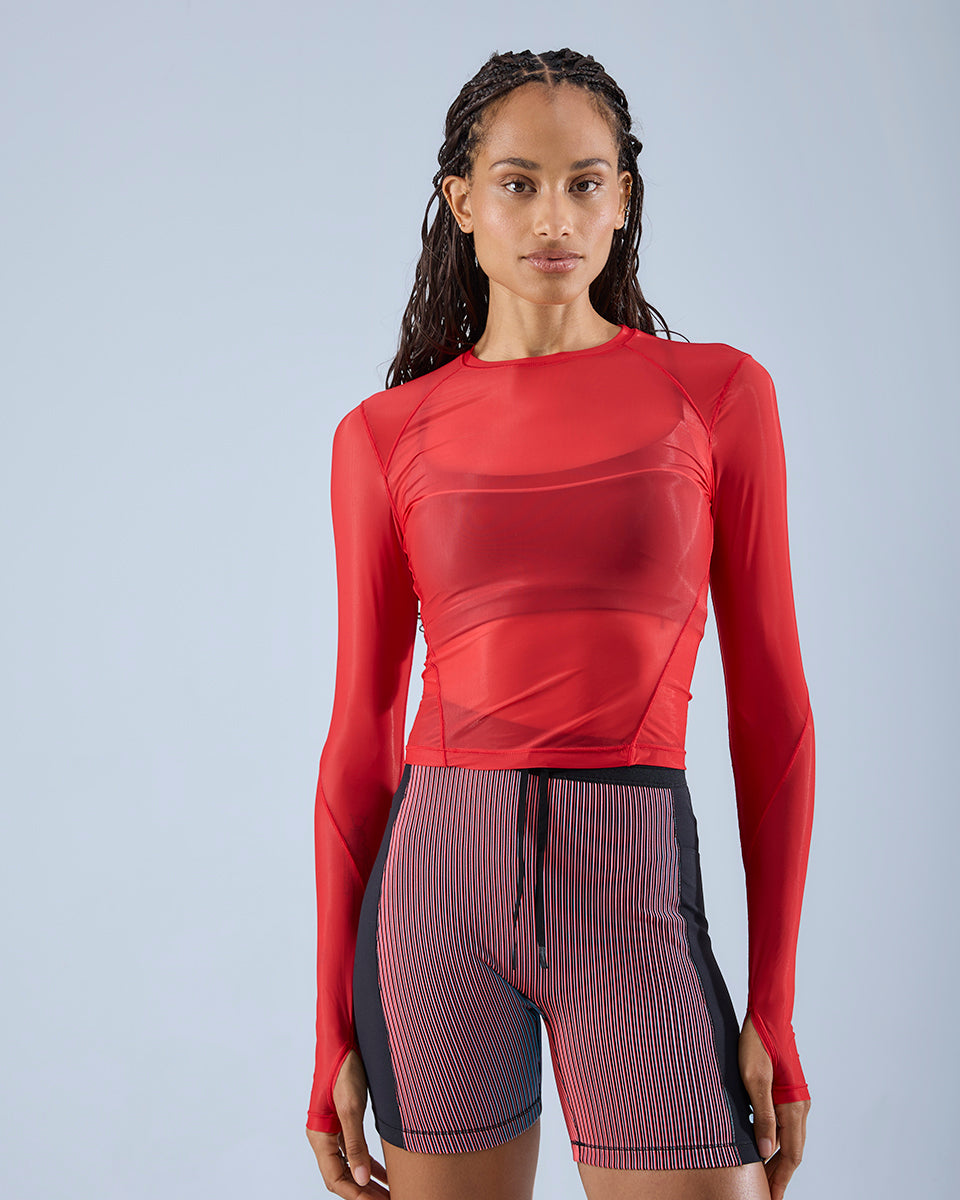 Mesh Long Sleeve Top — True Red