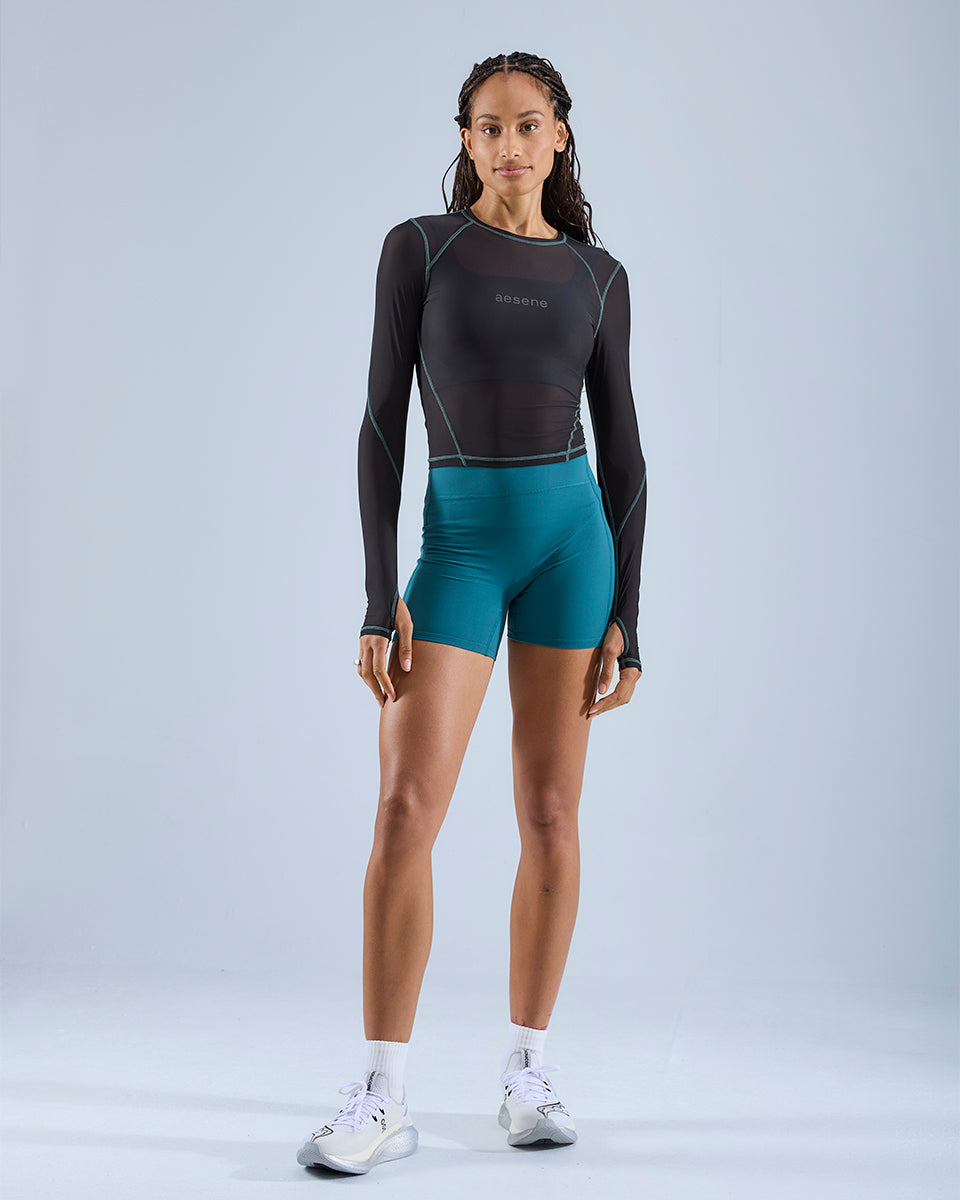 Contrast Stitch Mesh Long Sleeve Top — Black / Teal