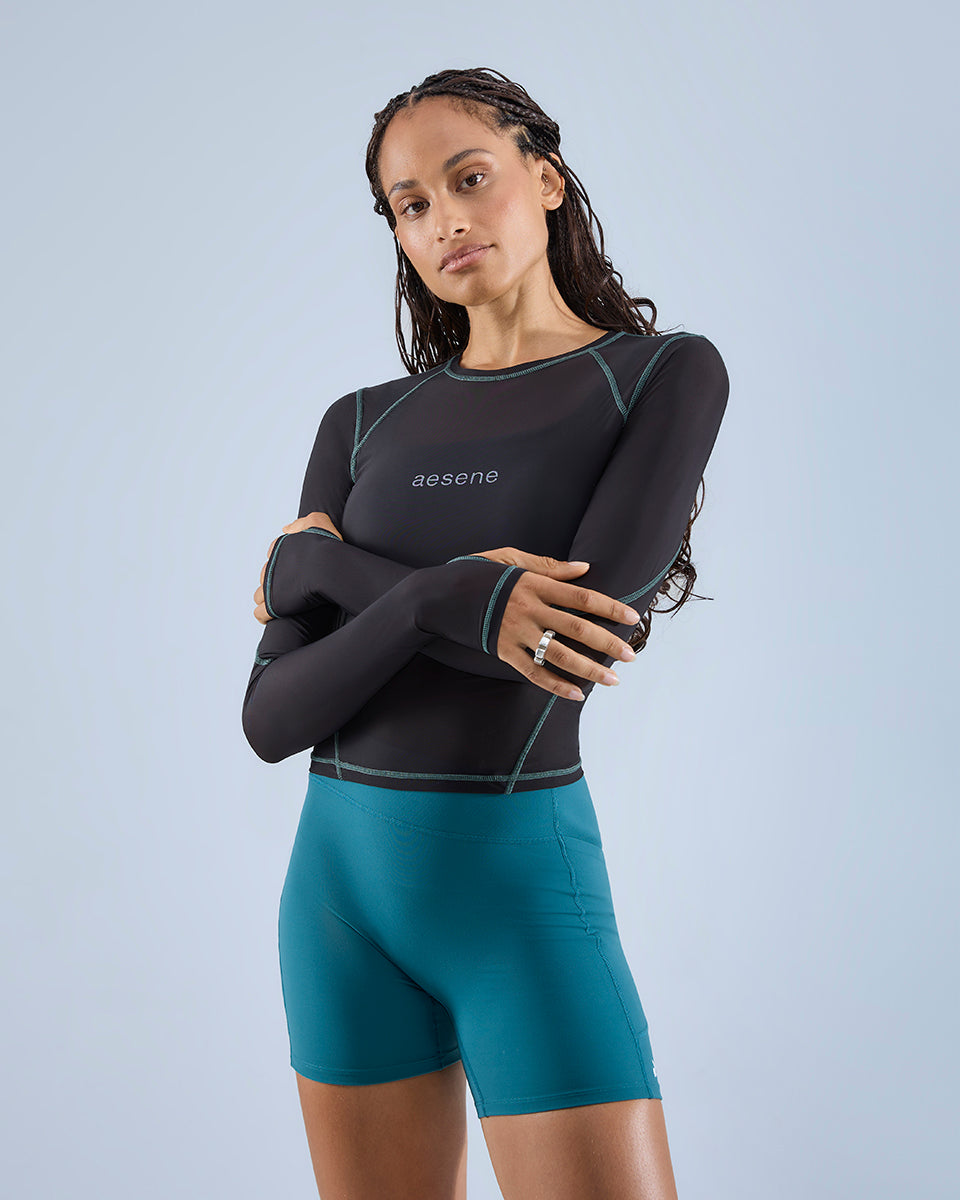 Contrast Stitch Mesh Long Sleeve Top — Black / Teal