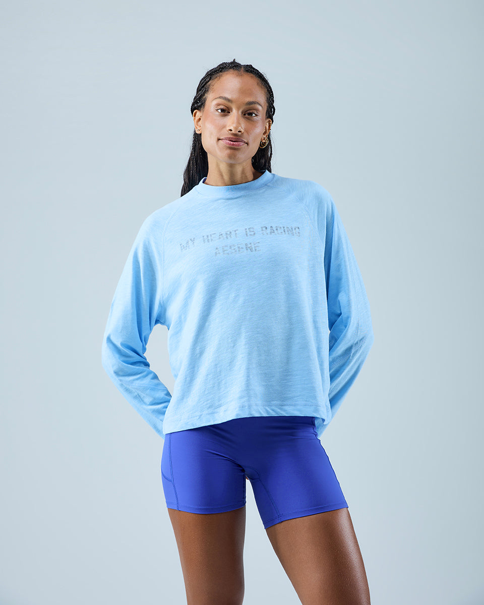 Heart Racing Long Sleeve T-Shirt — Light Blue / Navy